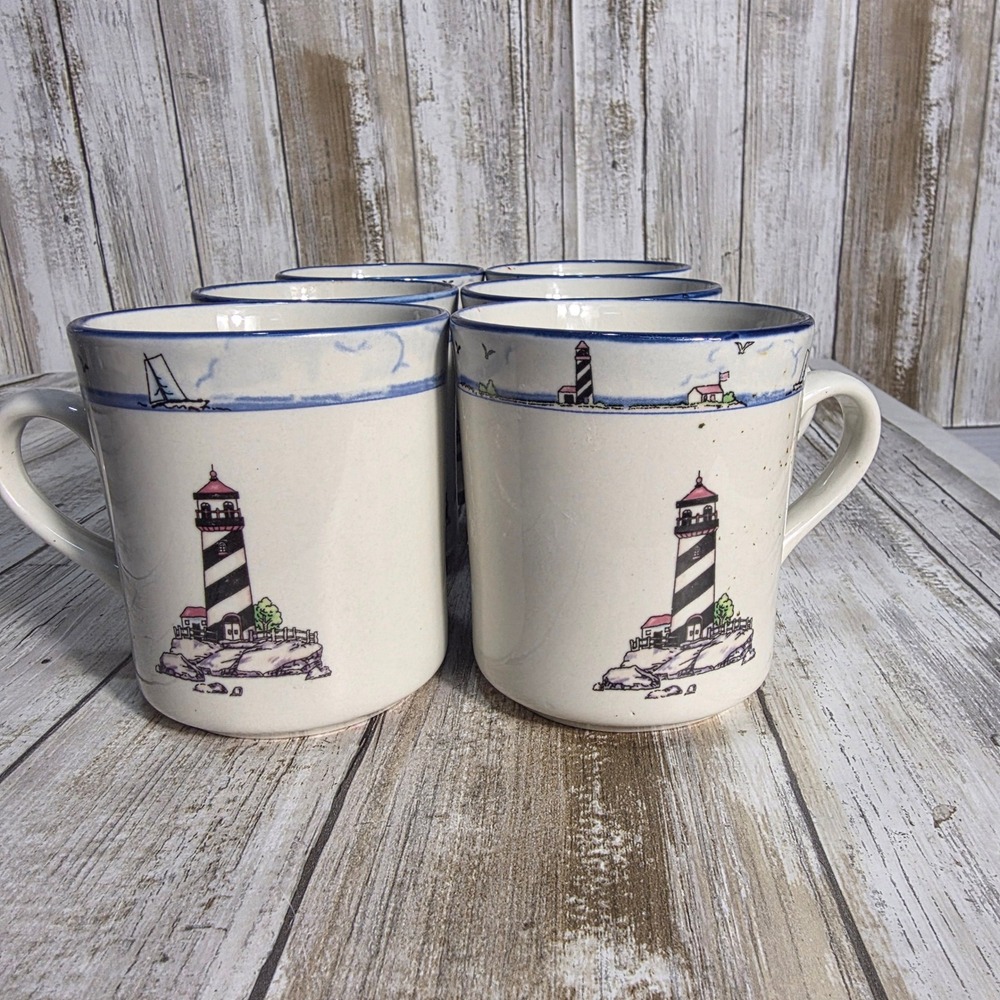 Mainstays Home Lighthouse Coffee Mugs Set of 6 Nautical Coastal Stoneware Cream - Picture 6 of 6